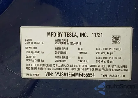 2021 Tesla Model S Long Range Dual Motor All-Wheel Drive z USA, uszkodzony, nr VIN 5YJSA1E54MF455554